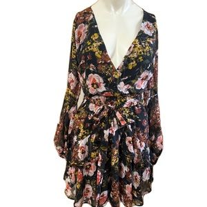 LUXXEL FLORAL RUFFLED LONG SLEEVES MINI DRESS TIE WAIST IN SIZE SMALL